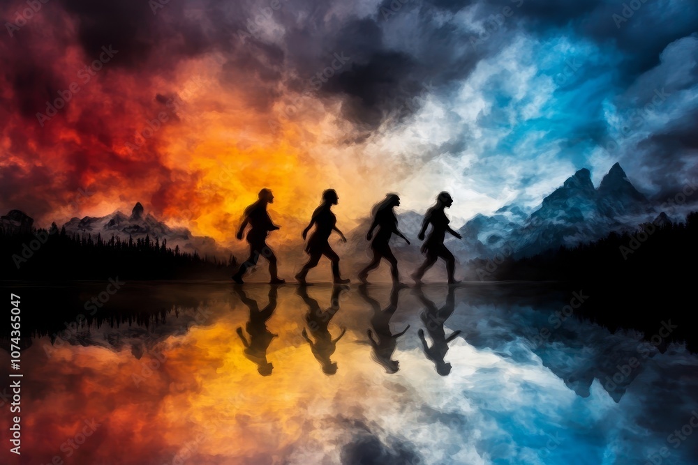 A group of people walking across a body of water A group of people walking across a body of water