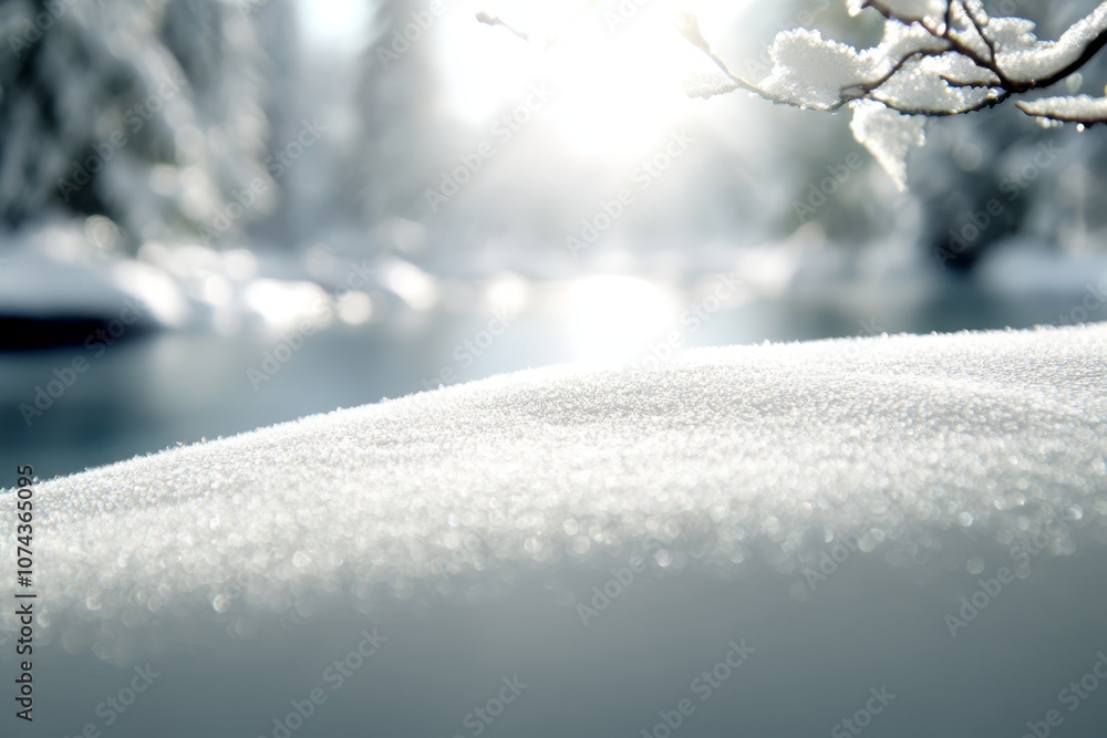 Naklejka premium A snow covered tree branch with the sun shining through it