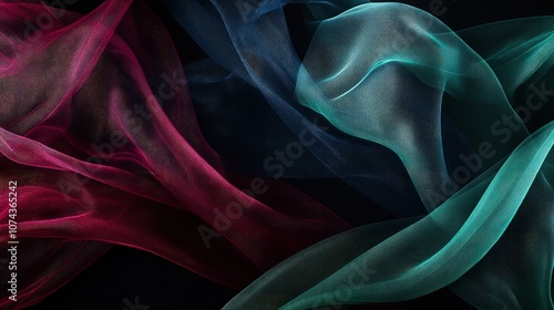 Intertwined tulle in jewel tones of emerald, sapphire, and ruby, forming elegant wave patterns against a black backdrop, capturing luxurious textures,