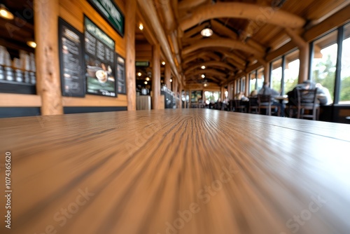 A long wooden table in a restaurant with people sitting at tables