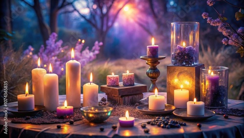 Mystical tarot reading setup with candles, crystals, and purple hues in enchanting dusk atmosphere, tarot, candles, crystals photo