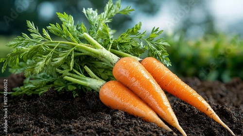 The vibrant orange carrots have just been plucked from the rich, dark soil of the farm field, their leafy green tops still intact and glistening with dew. photo