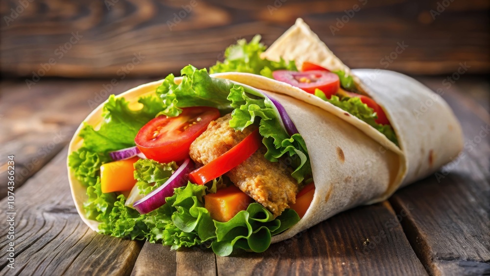 Tasty tortilla wrap filled with crispy fried chicken meat and fresh vegetables, food, Mexican cuisine, lunch, fast food Tasty tortilla wrap filled with crispy fried chicken meat and fresh vegetables, food, Mexican cuisine, lunch, fast food