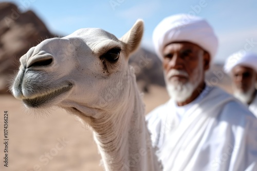 A man in a white turban standing next to a camel