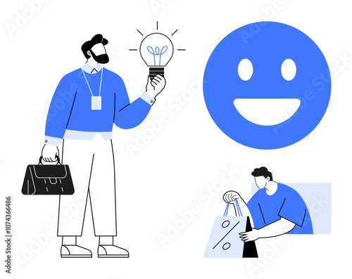 Businessman holding a lightbulb, large smiling face symbol, and man placing items in a shopping bag. Ideal for business ideas, creativity, online shopping, marketing, customer satisfaction