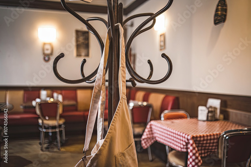 Waitress apron hanging on a coat rack in a vintage diner photo