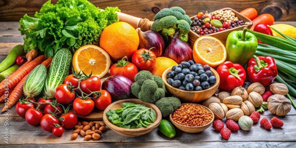 A variety of fresh fruits, vegetables, and nuts arranged on a table as anti-aging food, healthy, nutrition, organic A variety of fresh fruits, vegetables, and nuts arranged on a table as anti-aging food, healthy, nutrition, organic