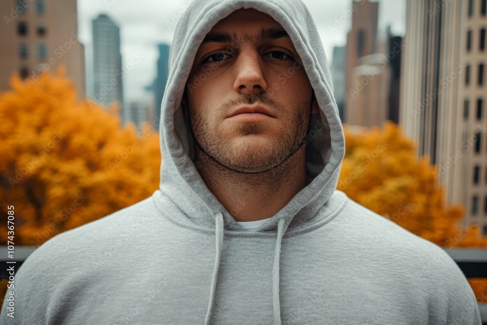 A man in a gray hoodie standing in front of a city skyline A man in a gray hoodie standing in front of a city skyline