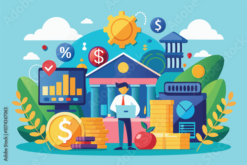 A person engages with digital banking services surrounded by symbols of money and investment growth, Investing money in banking services, illustrated in a flat manner.