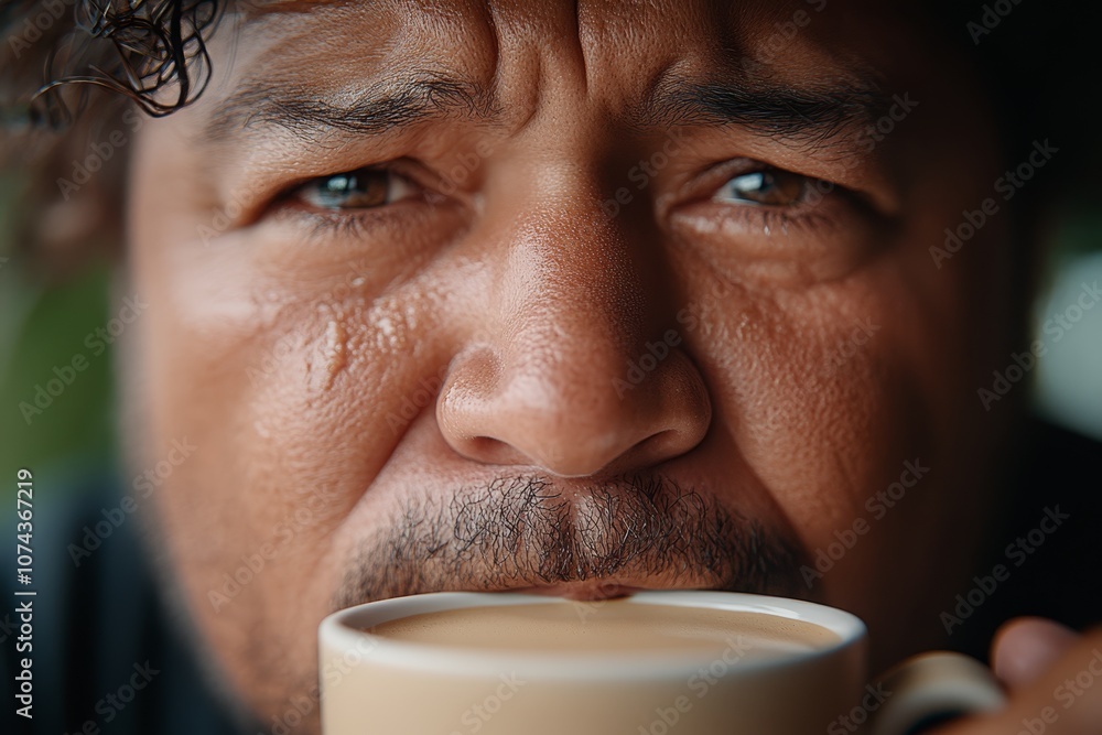 A close up of a man drinking a cup of coffee A close up of a man drinking a cup of coffee