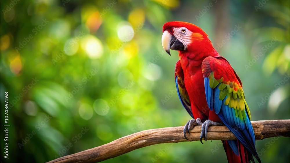 Fototapeta premium Red macaw parrot sitting gracefully on a branch , vibrant, bird, colorful, tropical, exotic, feathers, wildlife, tropical