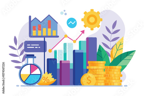 Colorful graphics display investment data with graphs, coins, and growth indicators in a modern style, investment data, simple illustration