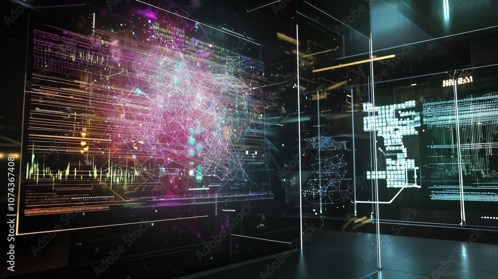Fototapeta premium Futuristic Holographic Interface with Dynamic Data Displays and API Connections for Advanced Technology Visualization in a Modern Digital Environment
