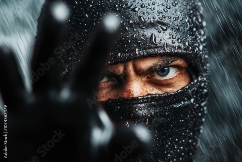 A man wearing a black mask in the rain