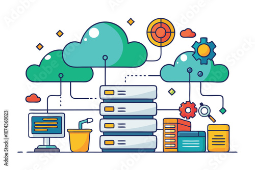 An illustration depicts problems related to cloud data storage with servers, connections, and gears, Issues with storing data in the cloud, simple drawing