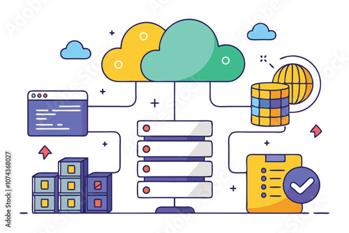 A colorful illustration depicting various issues and components related to cloud data storage, Issues with storing data in the cloud, simple drawing
