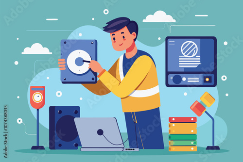 A person is adjusting a storage device while surrounded by tools and equipment in a work area, IT is fixing storage and a flat image.