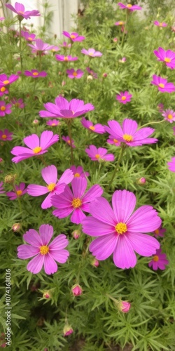 Vibrant pink cosmos flowers in full bloom in a lush garden setting, cosmos, vibrant