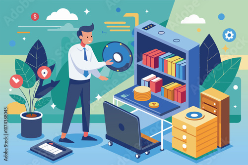 A person is arranging various items on shelves while improving storage space in an organized manner, IT is fixing storage and a flat image.