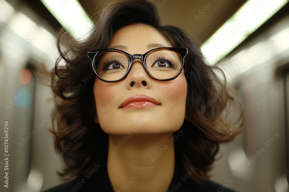 A woman wearing glasses looking up at the sky A woman wearing glasses looking up at the sky