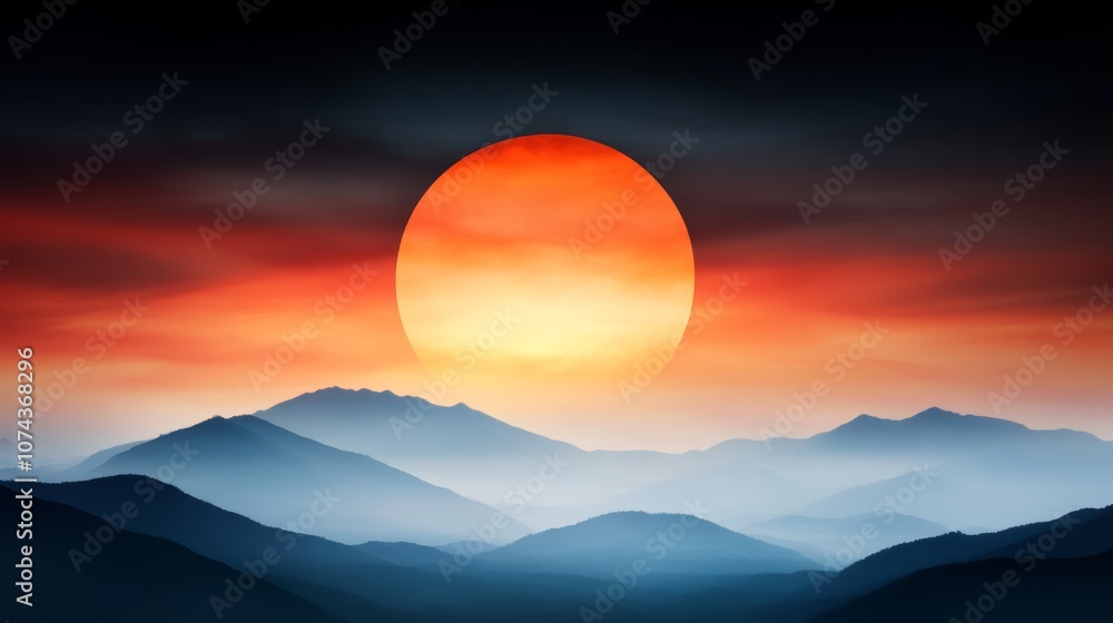 A sunset over a mountain range with a full moon in the sky A sunset over a mountain range with a full moon in the sky