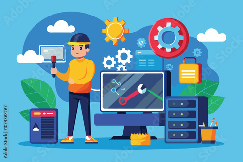 A technician stands ready to fix computer problems in a vibrant tech repair workspace surrounded by tools, IT service repairs computer issues, flat image.