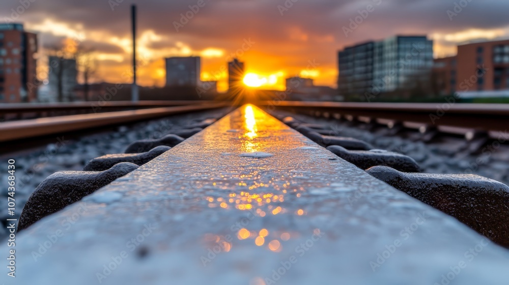 A train track with the sun setting in the background A train track with the sun setting in the background