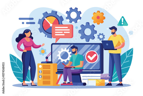 A group of professionals is addressing software errors by collaborating in a modern office setting, IT support fixing software errors, flat illustration