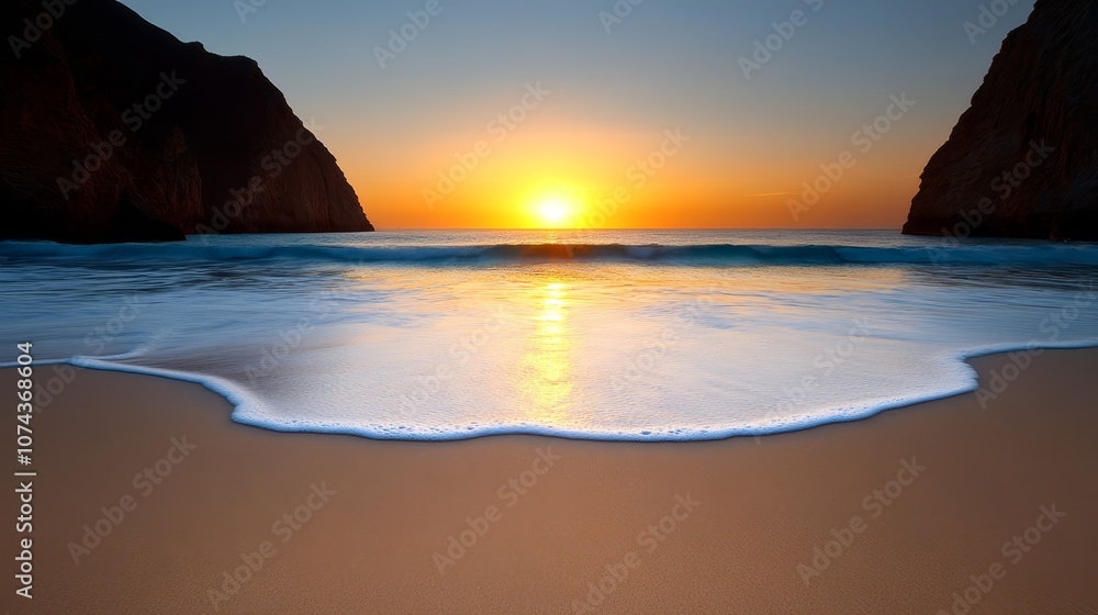 A sunset over the ocean with a beach in the foreground A sunset over the ocean with a beach in the foreground