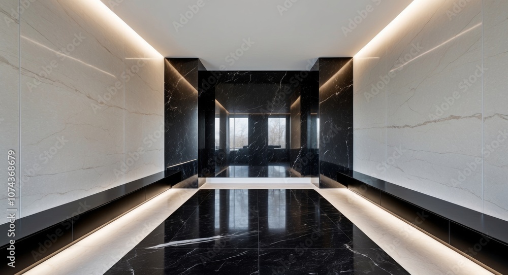 Corner of a Modern Interior with Black Marble Floor and Walls. Corner of a Modern Interior with Black Marble Floor and Walls.