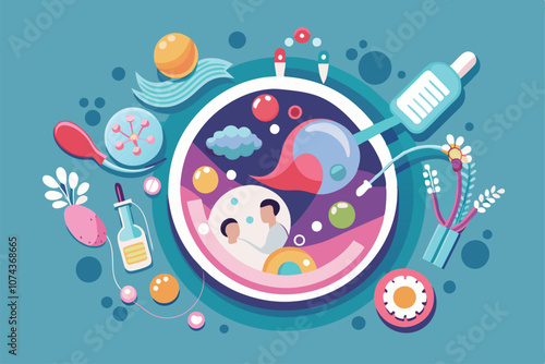 A vibrant illustration depicting the IVF process, featuring cells, tools, and scientific elements in a creative design, IVF Customizable Semi Flat Illustration