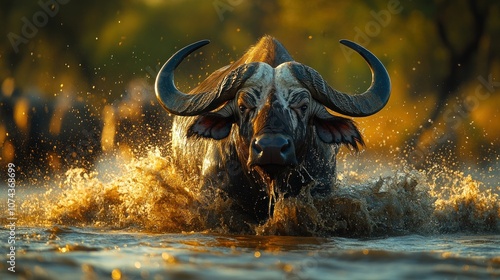 A Cape buffalo charges through a shallow river, water splashing around it.