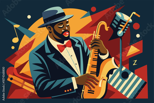 A skilled saxophonist plays passionately amid vibrant colors, evoking a lively atmosphere, Jazz illustration that can be customized