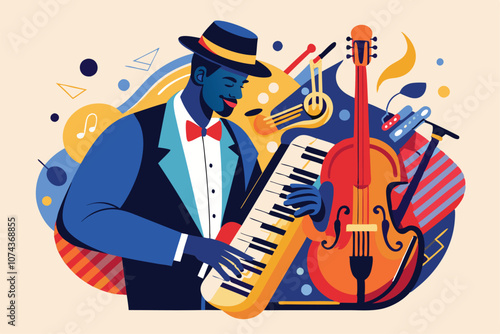 A talented musician plays the keyboard alongside a violin, surrounded by vibrant musical elements, Jazz illustration that can be customized and has a semi-flat style.