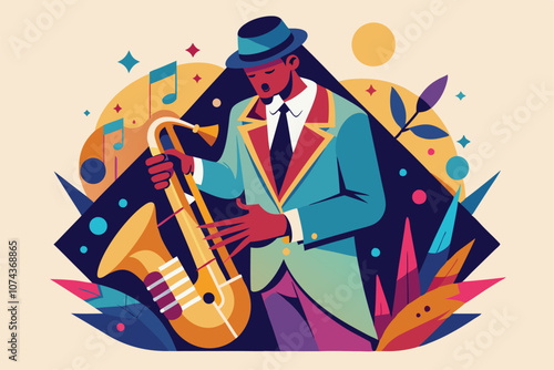 A talented jazz musician plays the saxophone, surrounded by vibrant colors and musical notes, set at night, Jazz illustration that can be customized