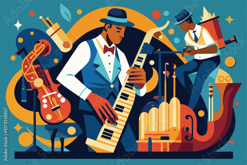 This illustration showcases musicians playing various jazz instruments in a lively, colorful environment, Jazz illustration that can be customized