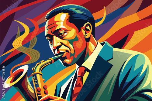 A jazz saxophonist plays energetically, surrounded by colorful abstract designs that enhance the vibrant atmosphere, Jazz saxophonist with unique and exaggerated illustration.