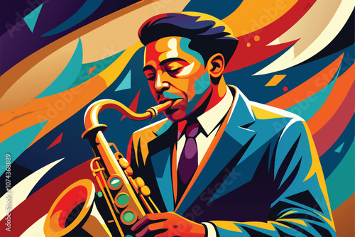 A talented jazz saxophonist plays passionately amid dynamic, colorful patterns and energetic vibes, Jazz saxophonist with unique and exaggerated illustration.