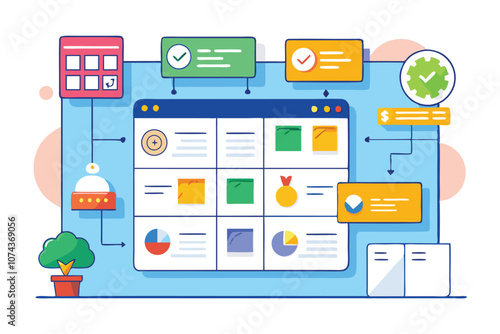 This visual showcases a customizable kanban method featuring task tracking, workflow management, and progress markers, Kanban method with customizable and disproportionate illustration.