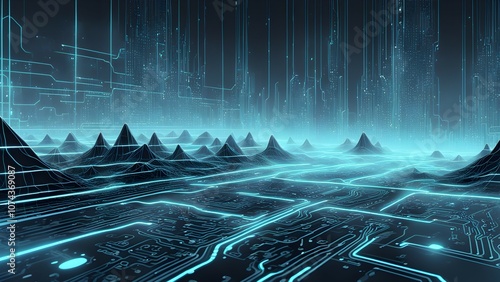 A futuristic landscape with circuit patterns and glowing elements.
