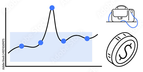 Graph showing fluctuating data points, a stylized coin, and a briefcase. Ideal for finance, investment, business analytics, economic trends, market research, financial planning, corporate strategy