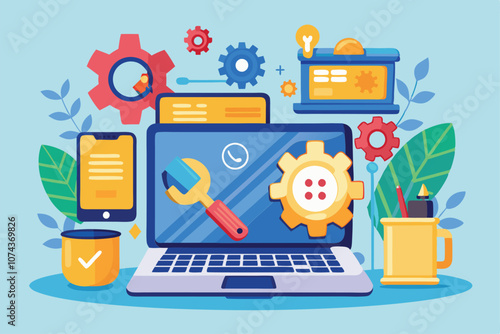 A collection of tech tools, gears, and devices illustrates laptop troubleshooting services and solutions, Laptop troubleshooting service with flat illustration