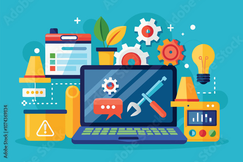 A flat illustration showcases a laptop surrounded by tools, gears, and plants, emphasizing troubleshooting services, Laptop troubleshooting service with flat illustration