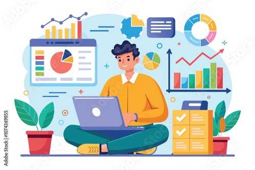 A project data analyst sits on the floor, engaging with a laptop surrounded by colorful charts and graphs, Large project data analyst trending, flat illustration.