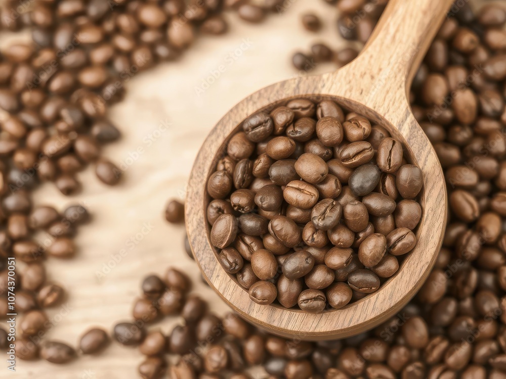 Fototapeta premium Wooden cup filled with freshly roasted coffee beans, delicious