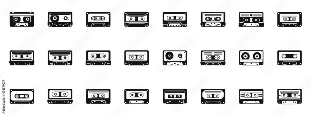 Stereo cassettes icons set. Collection of various black and white cassette tapes showcasing retro audio technology Stereo cassettes icons set. Collection of various black and white cassette tapes showcasing retro audio technology