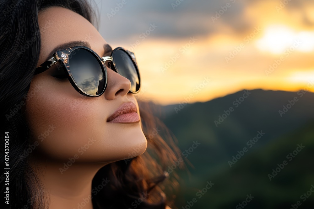 A woman wearing a pair of sunglasses looking up at the sky A woman wearing a pair of sunglasses looking up at the sky