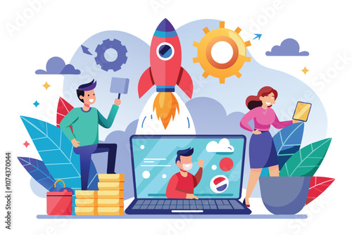 A team illustrates the launch of a project with a rocket, laptop, and enthusiastic characters, Launch project with flat illustration.