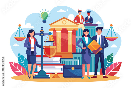 A vibrant illustration showing legal professionals with scales of justice, books, and a court building backdrop, Law firm illustration that can be customized.