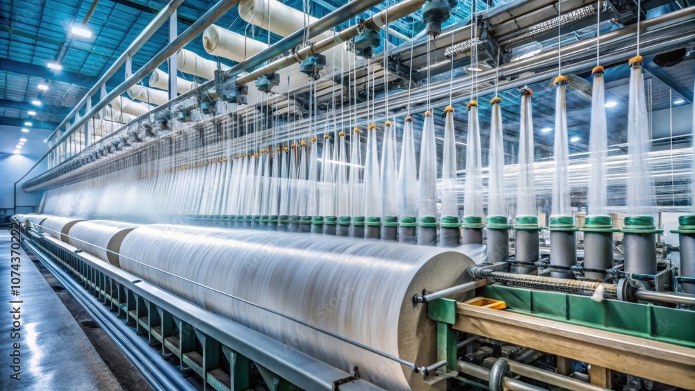 Machine evaporating textile yarn in a factory setting, textile, yarn, machinery, equipment, production Machine evaporating textile yarn in a factory setting, textile, yarn, machinery, equipment, production